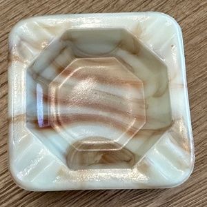 Vintage Art Deco Slag Glass Marbled Crème & Brown 3" sq. Ash Tray. Made in USA